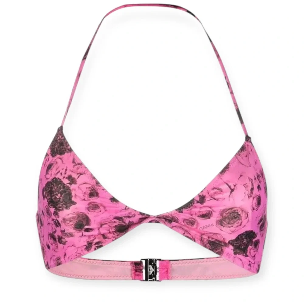 Ganni Bikini Top NWT Floral Print Twisted Halter Neck Swimsuit Size 40 US 8 M L